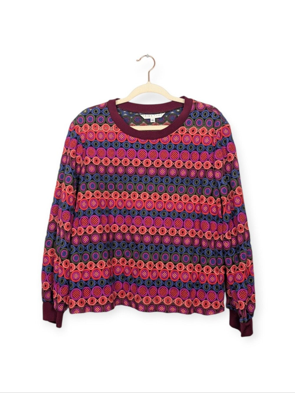 Trina Turk Embroidered Geometric Crochet Knit Top Multicolor Long Sleeve Size XL